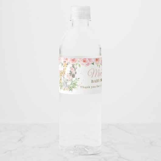 ジャングルアニマルサファリピンクフローラガールベビーシャワー ペットボトルラベル (正面)