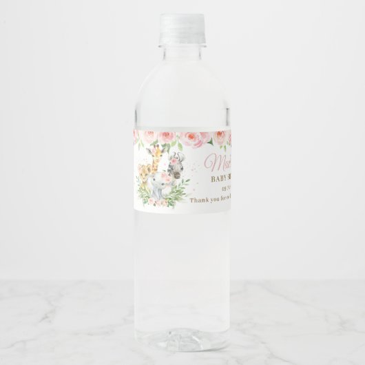ジャングルアニマルサファリピンクフローラガールベビーシャワー ペットボトルラベル (正面)