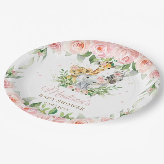 ジャングルアニマルサファリピンクフローラガールベビーシャワー ペーパープレート (アングル)