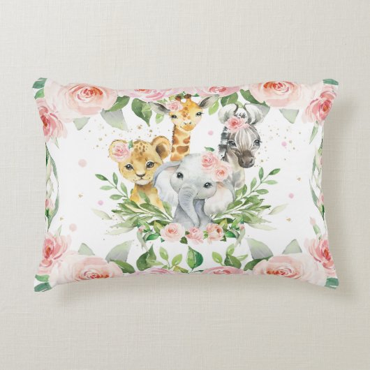 ジャングルアニマルサファリピンクフローラガールルーム子供部屋 アクセントクッション (正面)