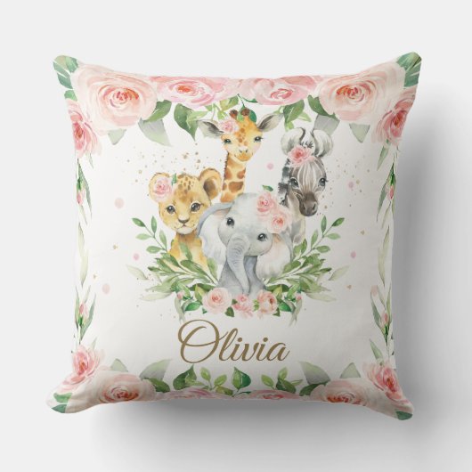 ジャングルアニマルサファリピンクフローラガールルーム子供部屋 クッション (正面)