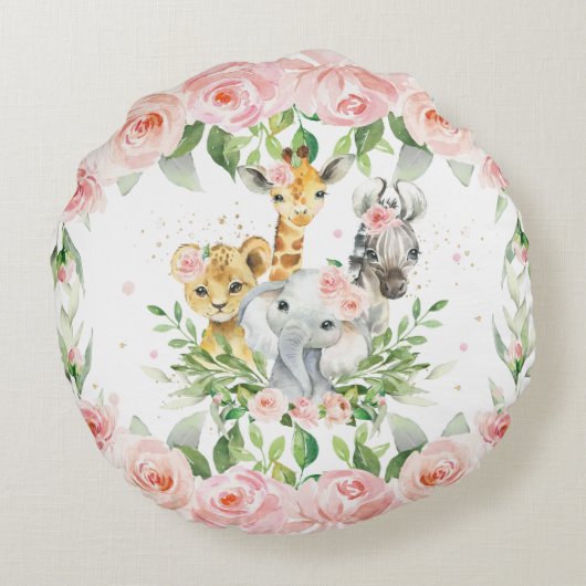 ジャングルアニマルサファリピンクフローラガールルーム子供部屋 ラウンドクッション (裏面)