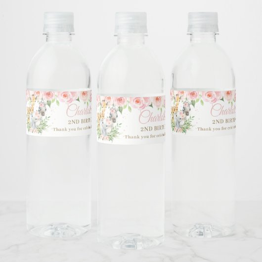 ジャングルアニマルサファリピンクフローラガール誕生日 ペットボトルラベル (ボトル)