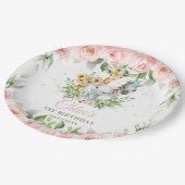 ジャングルアニマルサファリピンクフローラガール誕生日 ペーパープレート (アングル)