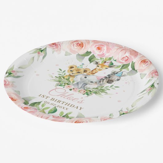 ジャングルアニマルサファリピンクフローラガール誕生日 ペーパープレート (アングル)