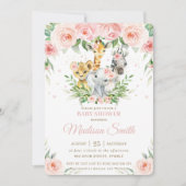 ジャングルアニマルサファリピンク赤面フローラベビーシャワー 招待状 (正面)