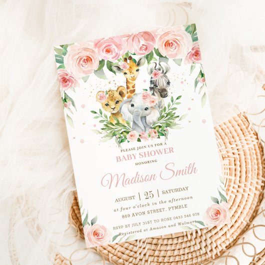 ジャングルアニマルサファリピンク赤面フローラベビーシャワー 招待状