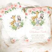 ジャングルアニマルサファリピンク赤面フローラベビーシャワー 招待状