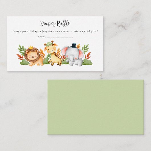 ジャングルアニマルサファリベイビーシャワーおむつラッフル エンクロージャーカード (正面/裏面)
