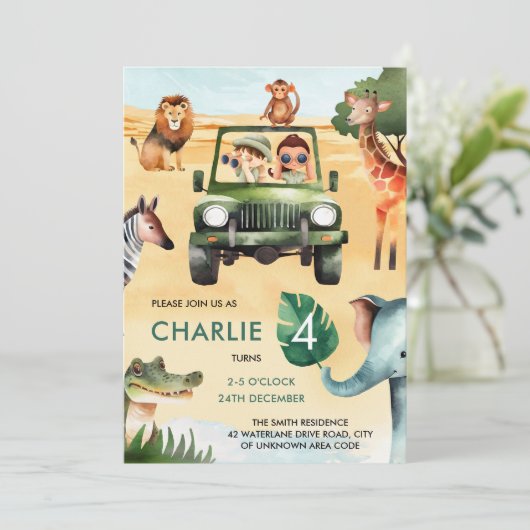 ジャングルアニマルサファリ子供の誕生日 招待状 (スタンド正面)