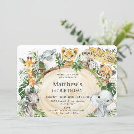 ジャングルアニマルズウッドグリーナリーワイルドワン誕生日 招待状