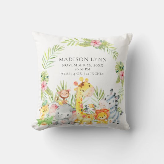 ジャングルアニマルズガールズベビー誕生統計枕 クッション (正面)