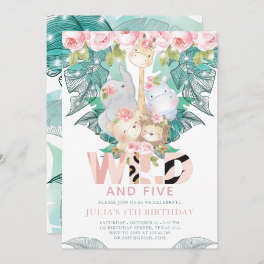 ジャングルアニマルズガール誕生日かわいい 招待状 (正面/裏面)