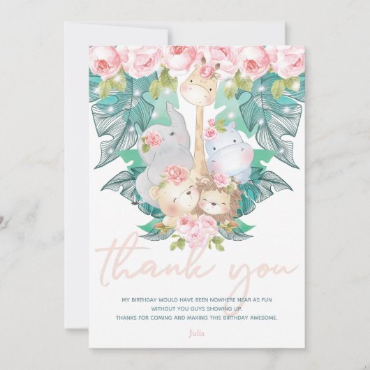 ジャングルアニマルズガール誕生日 サンキューカード (正面)