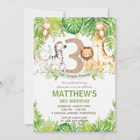 ジャングルアニマルズグリーンリーサファリ誕生日パーティー 招待状 (正面)