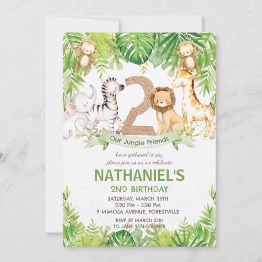 ジャングルアニマルズグリーンリーサファリ誕生日パーティー 招待状 (正面)