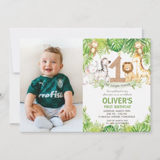 ジャングルアニマルズグリーンリーサファリ1st誕生日の写真 招待状 (正面)