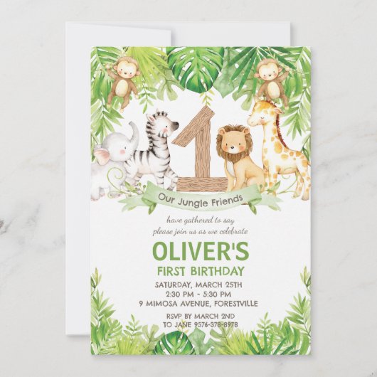 ジャングルアニマルズグリーンリーサファリ1st誕生日パーティー 招待状 (正面)
