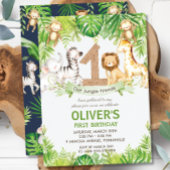 ジャングルアニマルズグリーンリーサファリ1st誕生日パーティー 招待状