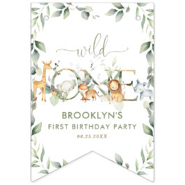 ジャングルアニマルズグリーンリーワイルドワンハッピーバースデー バンティングフラッグ