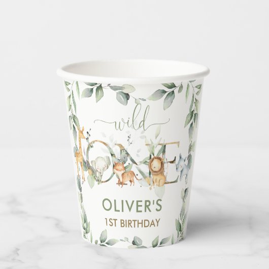 ジャングルアニマルズグリーンワイルドワン誕生日 紙コップ (正面)