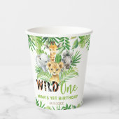 ジャングルアニマルズグリーンワイルドワン誕生日 紙コップ (正面)