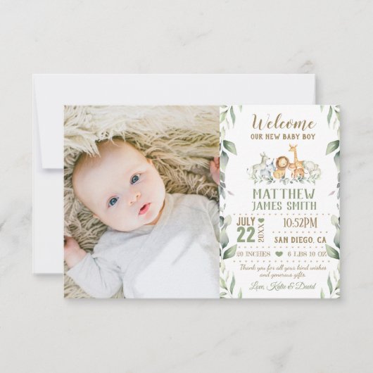 ジャングルアニマルズグリーン新生児ボーイフォト誕生 案内状 (正面)