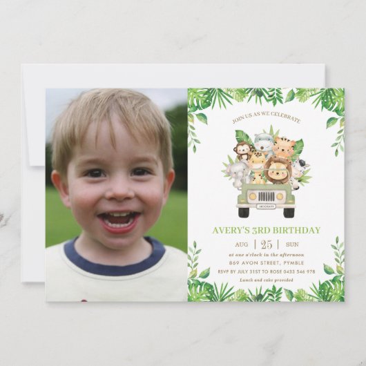 ジャングルアニマルズサファリカーグリーン誕生日写真 招待状 (正面)