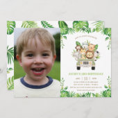 ジャングルアニマルズサファリカーグリーン誕生日写真 招待状 (正面/裏面)