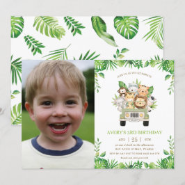 ジャングルアニマルズサファリカーグリーン誕生日写真 招待状