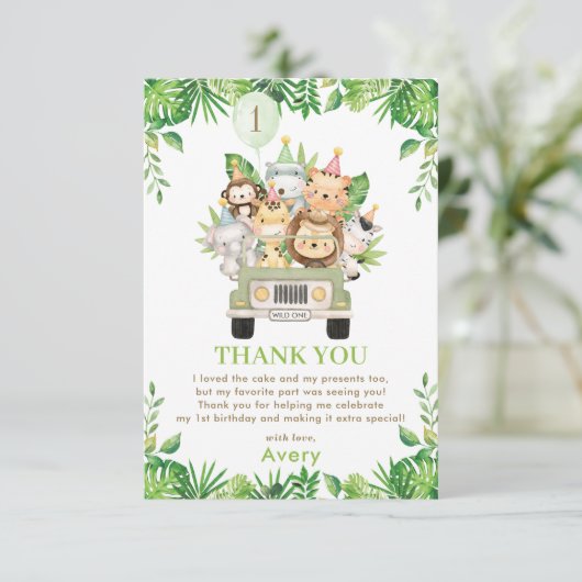 ジャングルアニマルズサファリカーグリーン1st誕生日 サンキューカード (スタンド正面)