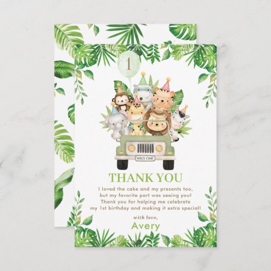 ジャングルアニマルズサファリカーグリーン1st誕生日 サンキューカード (正面/裏面)
