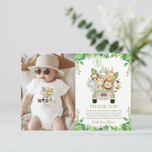 ジャングルアニマルズサファリカーグリーン1st誕生日 サンキューカード (スタンド正面)