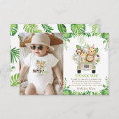 ジャングルアニマルズサファリカーグリーン1st誕生日 サンキューカード (正面/裏面)