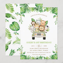 ジャングルアニマルズサファリカーグリーン1st誕生日 招待状