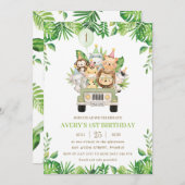 ジャングルアニマルズサファリカーグリーン1st誕生日 招待状 (正面/裏面)
