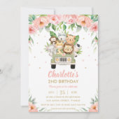 ジャングルアニマルズサファリカーピンクフローラ誕生日 招待状 (正面)