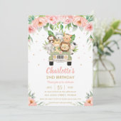 ジャングルアニマルズサファリカーピンクフローラ誕生日 招待状 (スタンド正面)