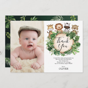 ジャングルアニマルズサファリグリーン誕生日写真 サンキューカード