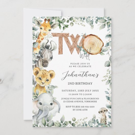ジャングルアニマルズサファリバイルワイルドセカンド誕生日 招待状 (正面)