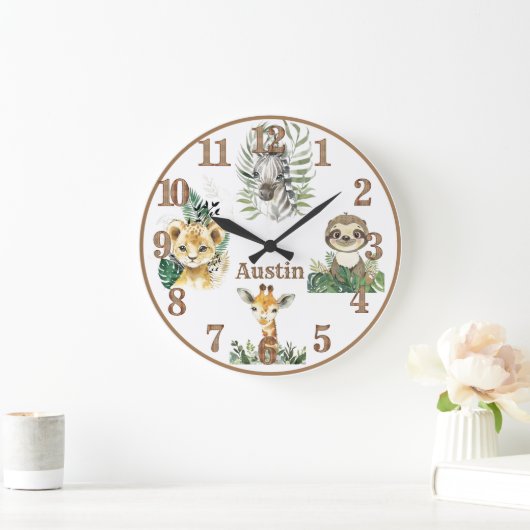 ジャングルアニマルズサファリパーソナライズされた子供部屋ラウンド ラージ壁時計 (ホーム)