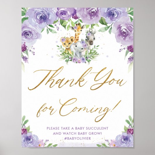ジャングルアニマルズサファリパープルフローラサンキューサイン ポスター (正面)