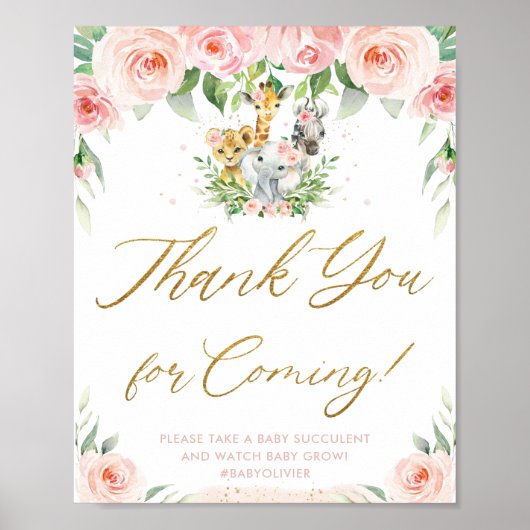 ジャングルアニマルズサファリピンクフローラサンキューサイン ポスター (正面)