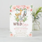 ジャングルアニマルズサファリピンクフローラ1st誕生日 招待状 (スタンド正面)