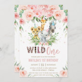 ジャングルアニマルズサファリピンクフローラ1st誕生日 招待状 (正面/裏面)