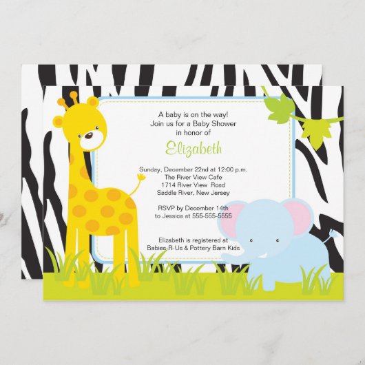 ジャングルアニマルズサファリベビーシャワー招待状 招待状 (正面/裏面)