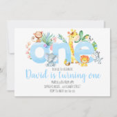 ジャングルアニマルズサファリボーイブルーかわいい1歳の誕生日 招待状 (正面)
