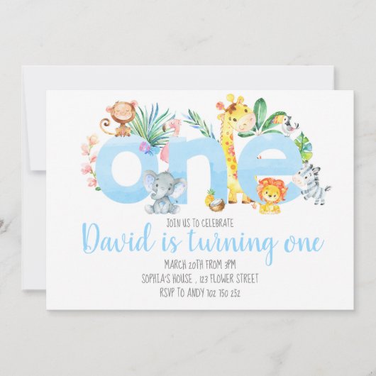 ジャングルアニマルズサファリボーイブルーかわいい1歳の誕生日 招待状 (正面)