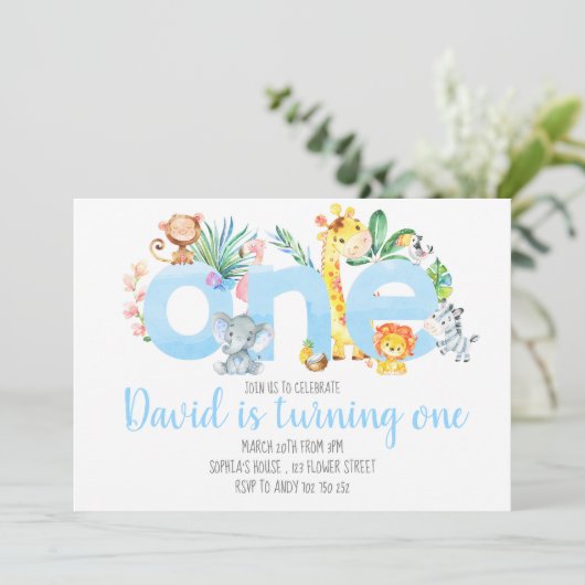 ジャングルアニマルズサファリボーイブルーかわいい1歳の誕生日 招待状 (スタンド正面)