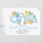 ジャングルアニマルズサファリボーイブルーかわいい1歳の誕生日 招待状 (正面/裏面)